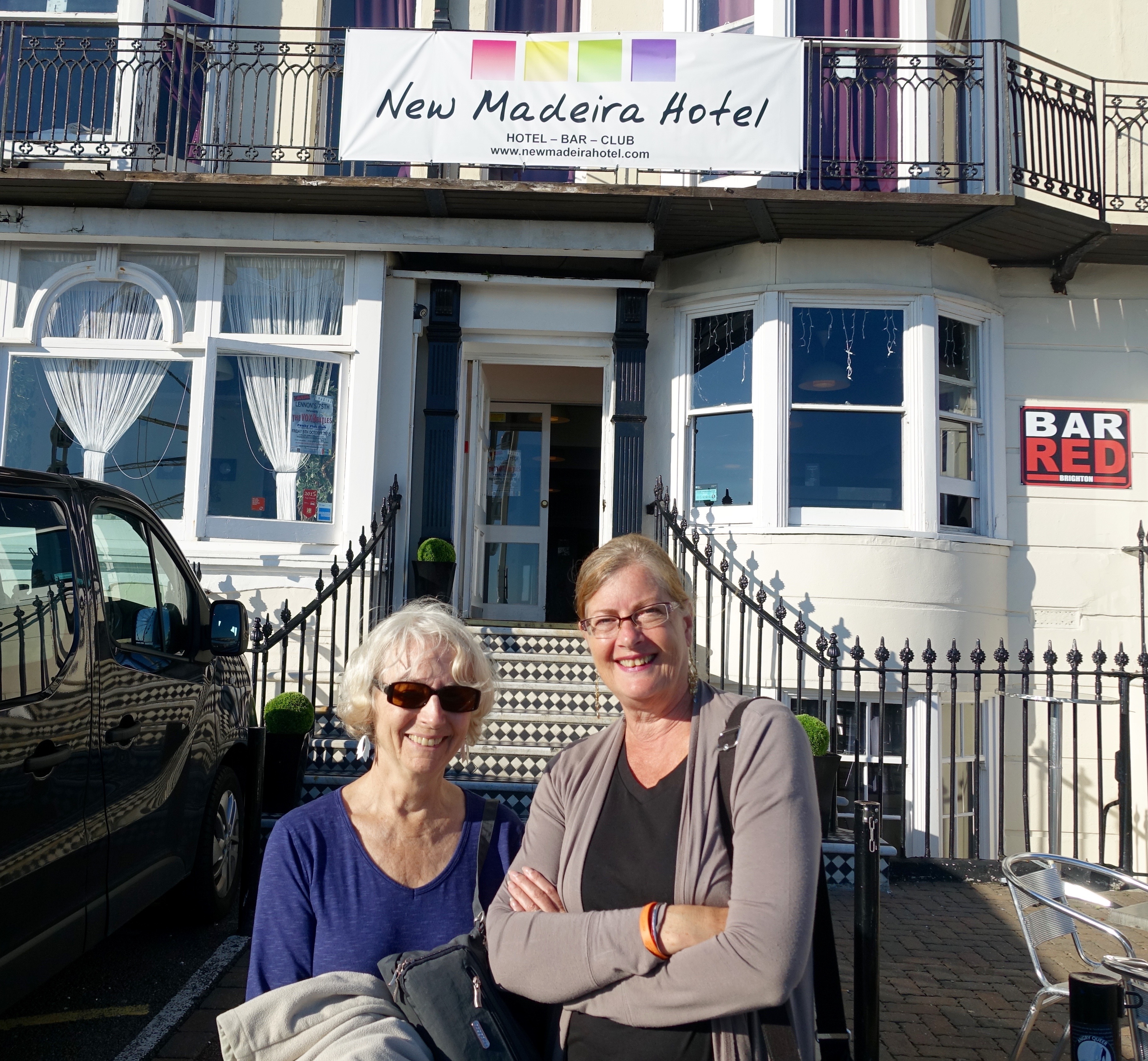 Trish and Kathy in front of our hotel in Brighton.